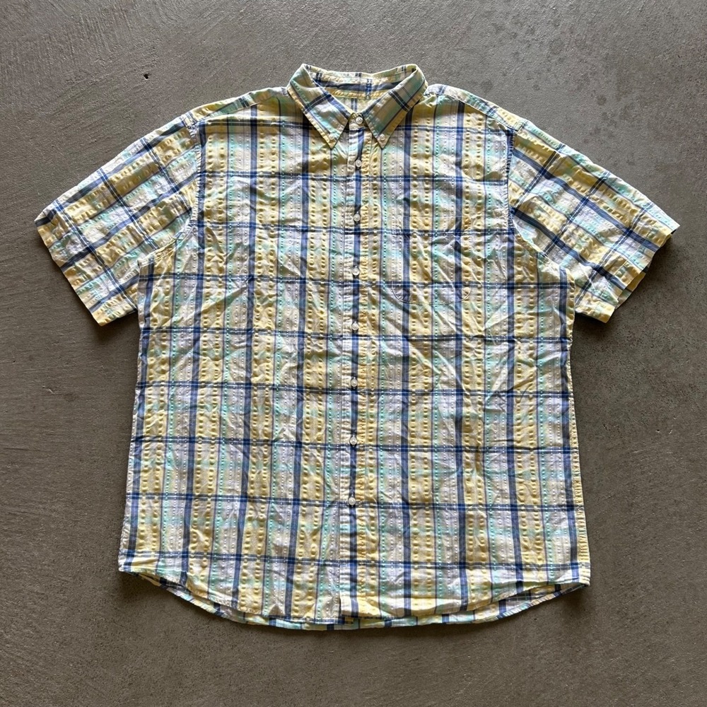 Jos A Bank Stays Cool Seersucker Shirt Mens XL Short Sleeve Button Down Plaid